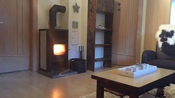 Un salon avec un poêle à bois, un canapé et une table basse.