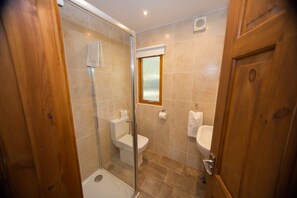 A bathroom with a glass-enclosed shower, a toilet, and a sink.