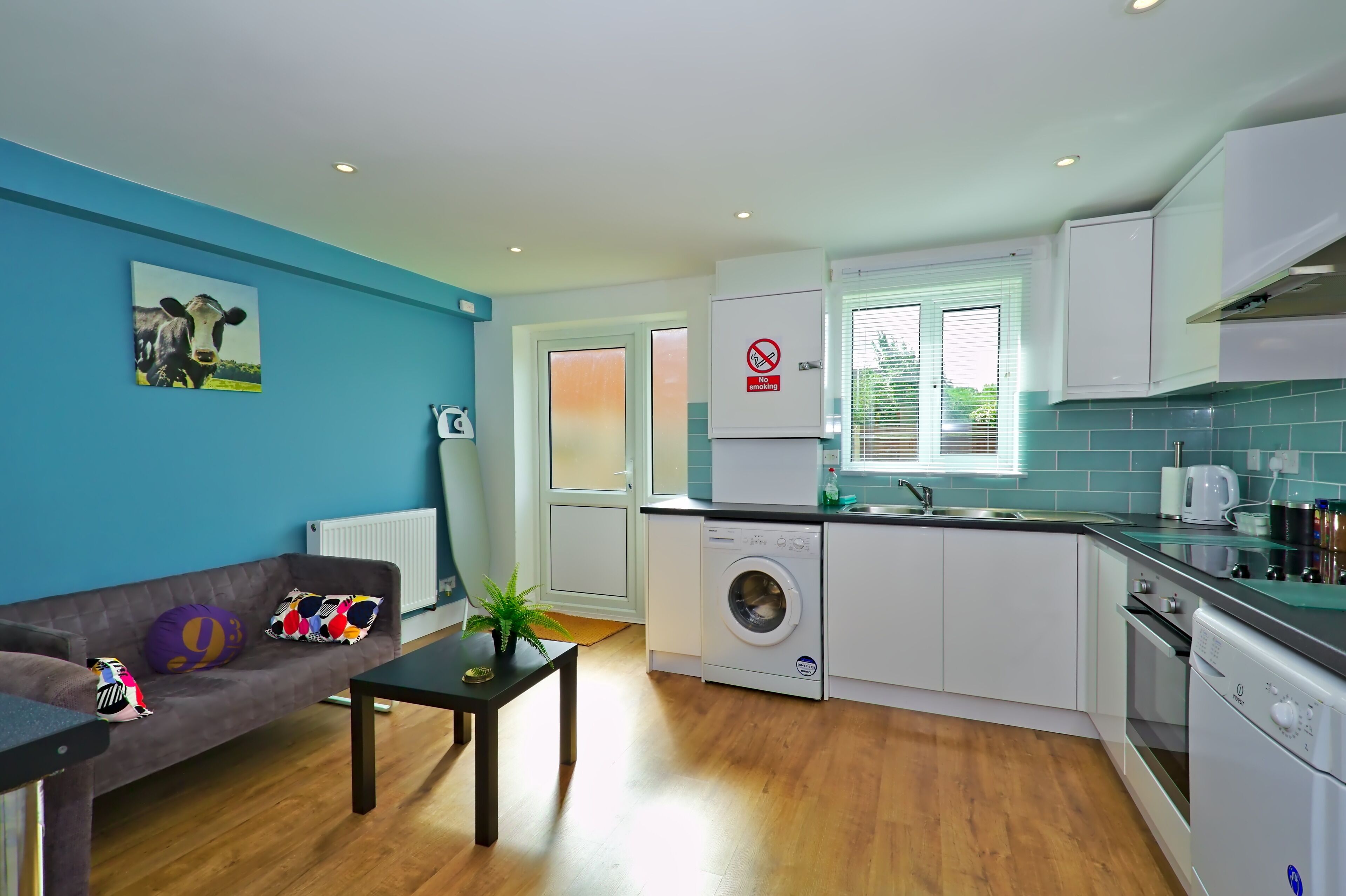 A compact living space with a sofa, a small table with a plant, a washing machine, and a kitchen area with cabinets and a window.