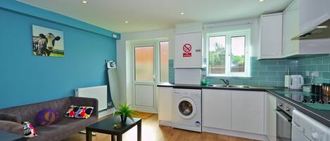 A compact living space with a sofa, a small table with a plant, a washing machine, and a kitchen area with cabinets and a window.