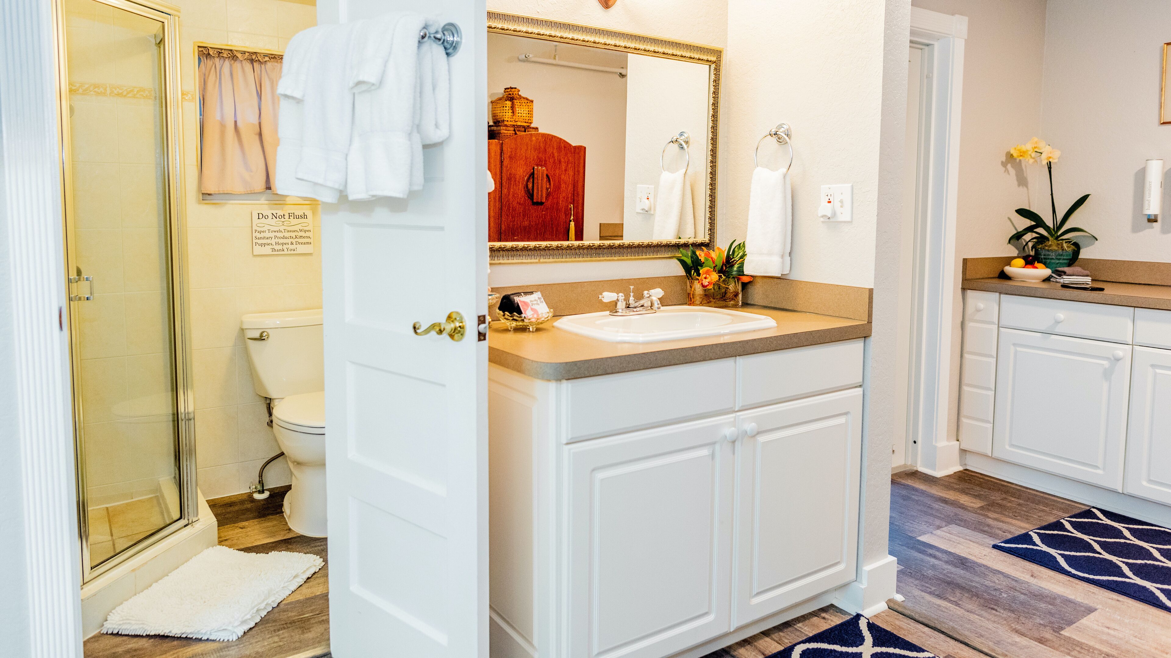 Une salle de bain moderne dotée d’une douche à l’italienne, de toilettes, d’un lavabo avec un meuble-vasque et d’un miroir.