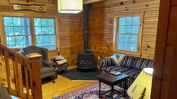 Smart TV, fireplace, DVD player, books