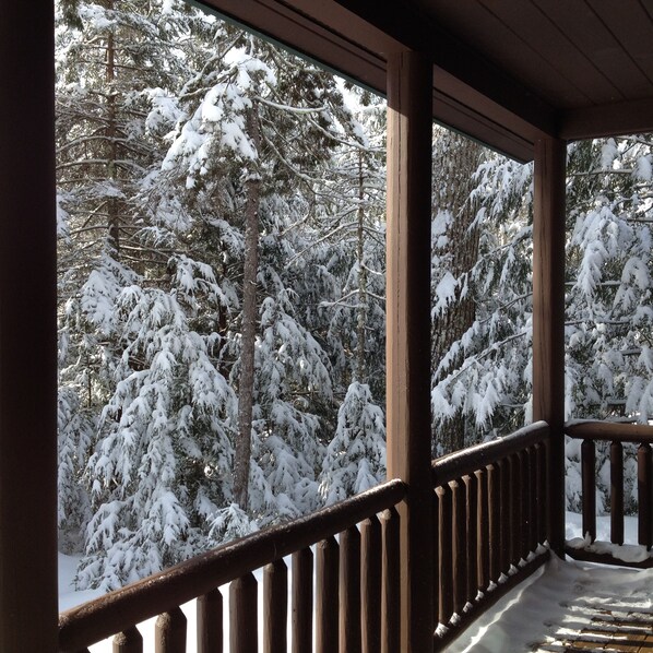 Un porche de madera con vistas a árboles cubiertos de nieve.