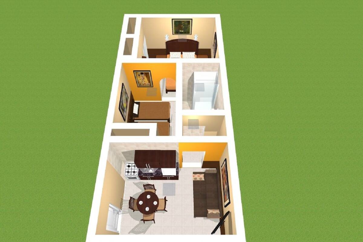 A 3D floor plan of a hotel room with a bed, a bathroom, a kitchenette, and a dining area.