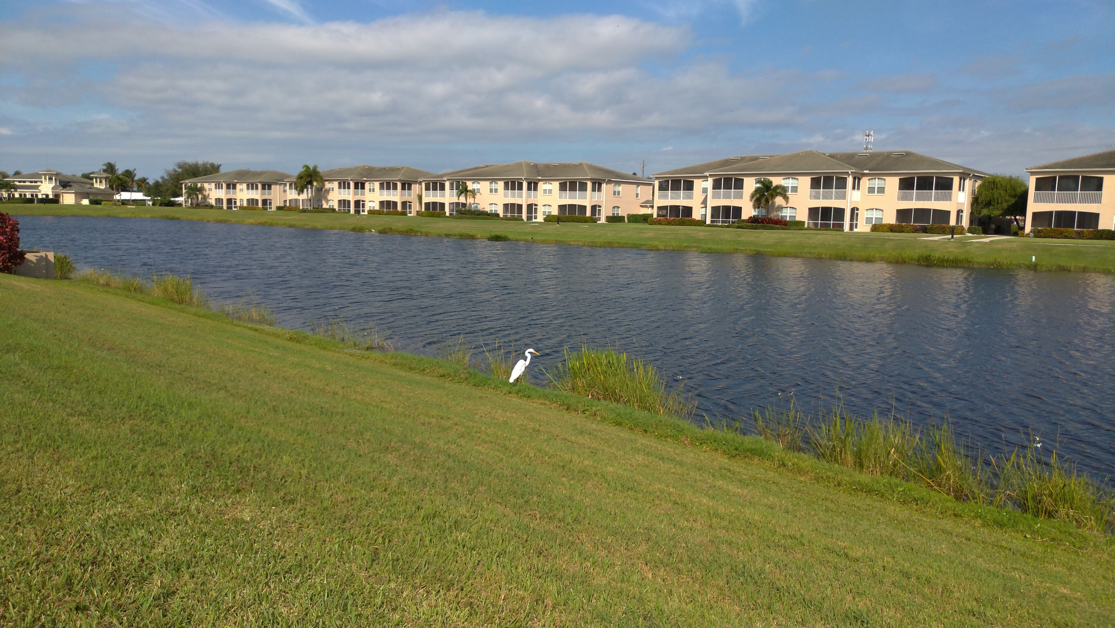 A row of multi-story buildings with a grassy area and a body of water in the foreground.