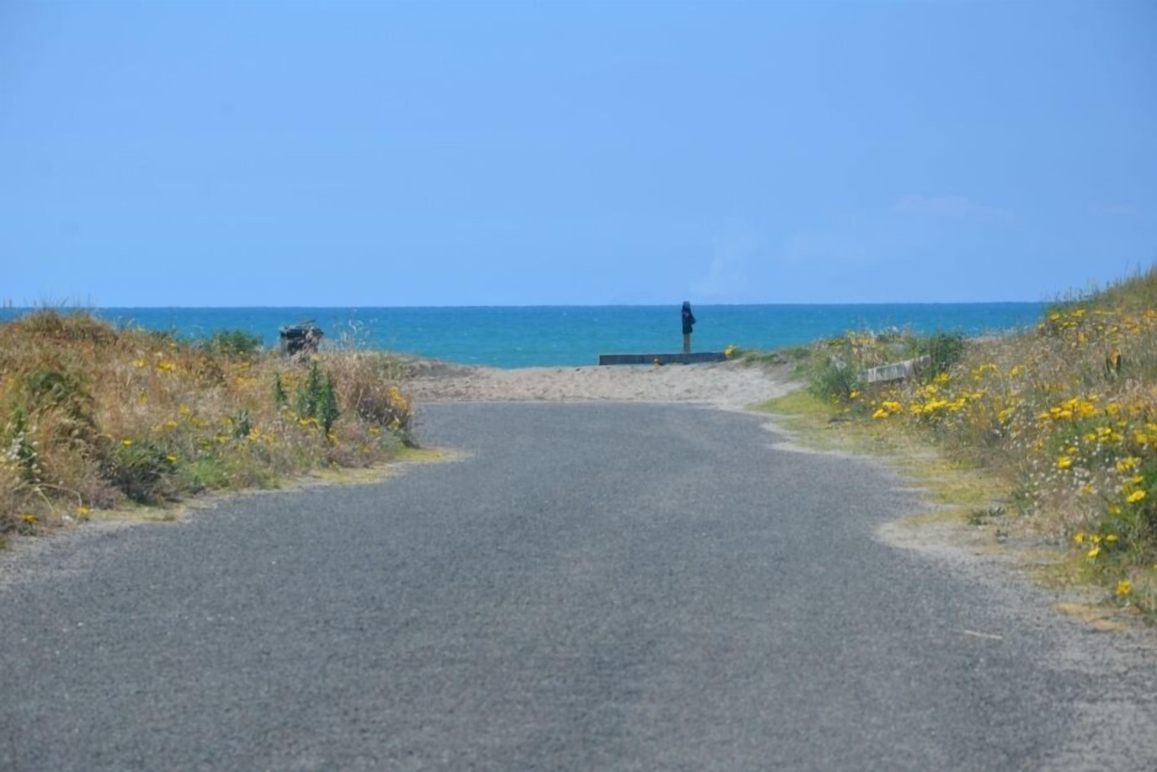 Un camino pavimentado que conduce a una playa, con una estatua a lo lejos.