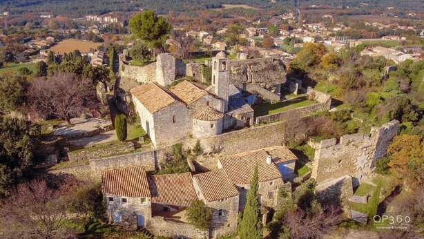 An aerial view of a historic town with stone buildings, a church, and a castle-like structure. - House with character (Montségur-Sur-Lauzon)