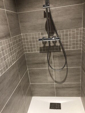 Shower, free toiletries, hair dryer, towels