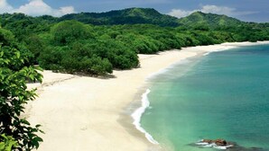 Une plage à l’eau turquoise et limpide, bordée d’un rivage sablonneux, avec, en arrière-plan, des collines verdoyantes et densément boisées.