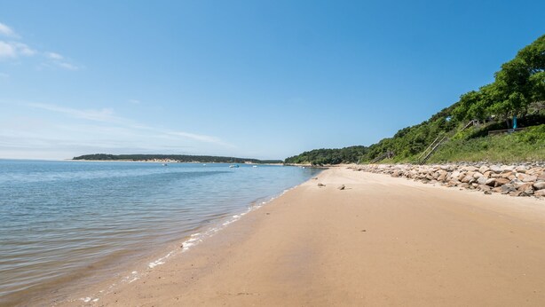 A beach with clear blue water, a sandy shore, and a rocky hillside with trees. - Private Beach. Big Beach house. Kayaks. SUP boards. (wellfleet)