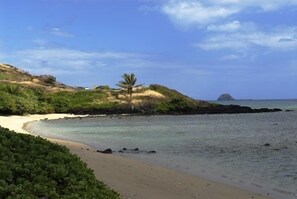 On the beach, sun loungers, beach towels