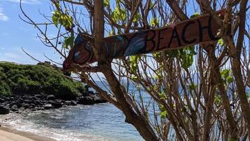 On the beach, sun loungers, beach towels