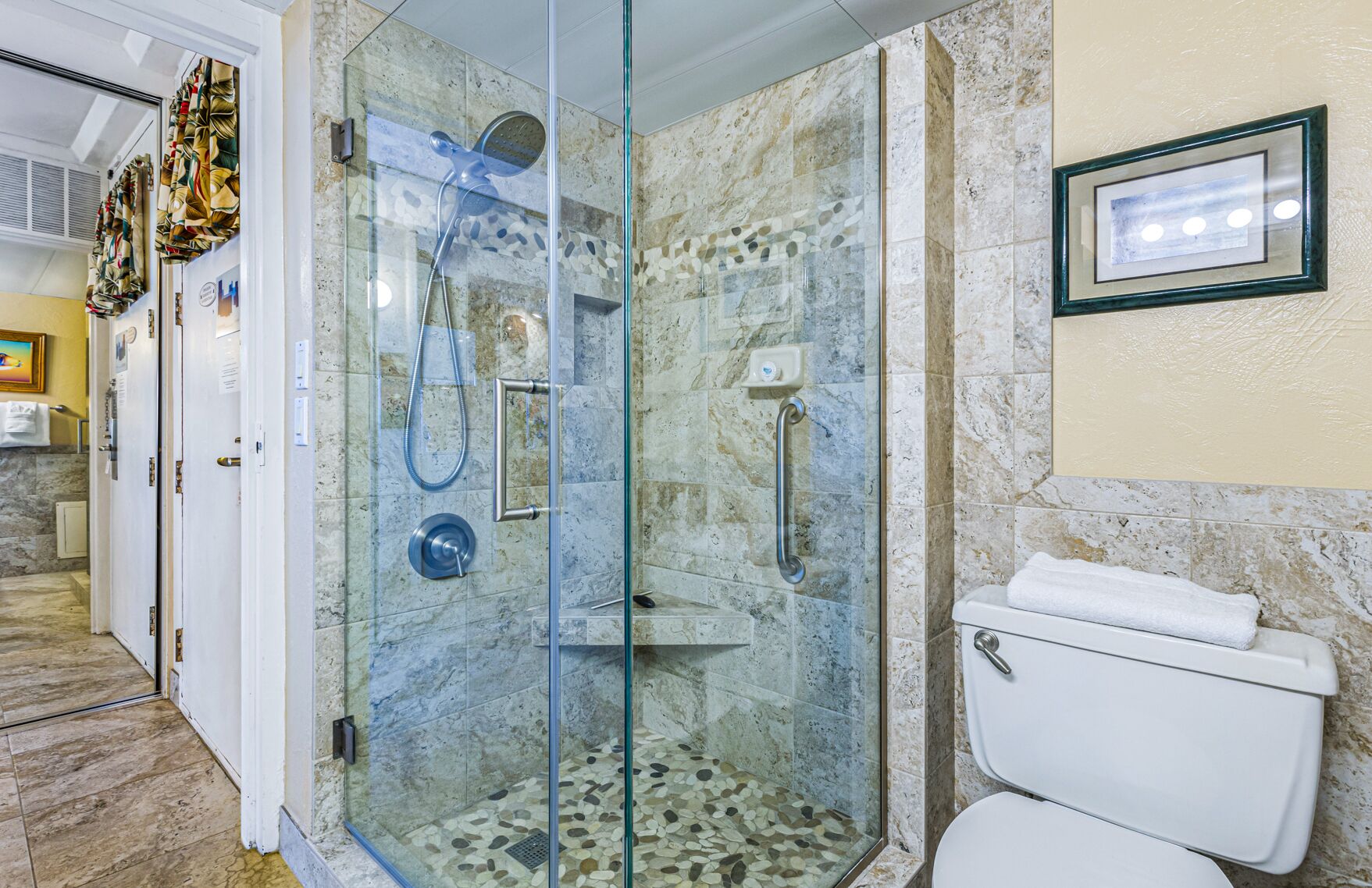 Hair dryer, towels, soap, shampoo