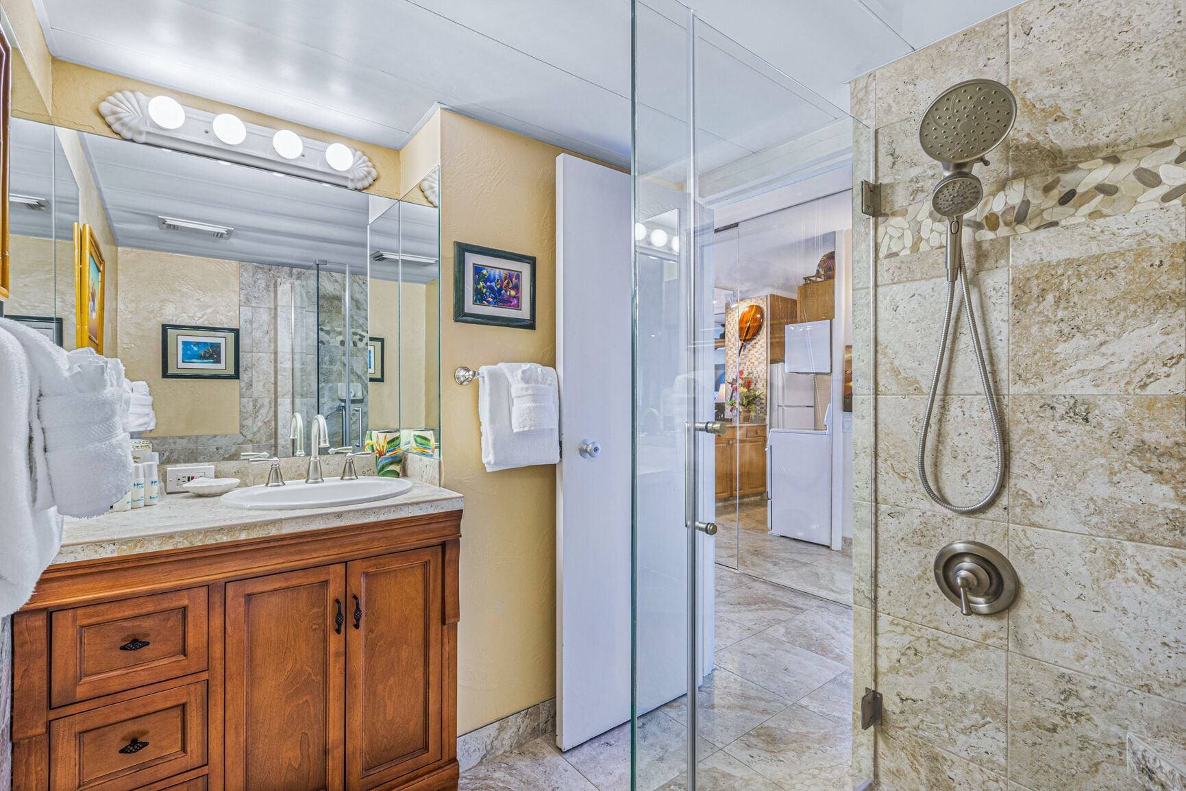 Hair dryer, towels, soap, shampoo