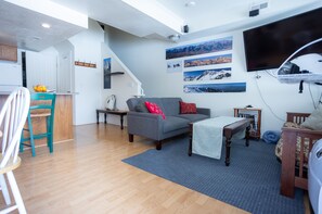 Älytelevisio, takka, DVD-soitin, kirjoja