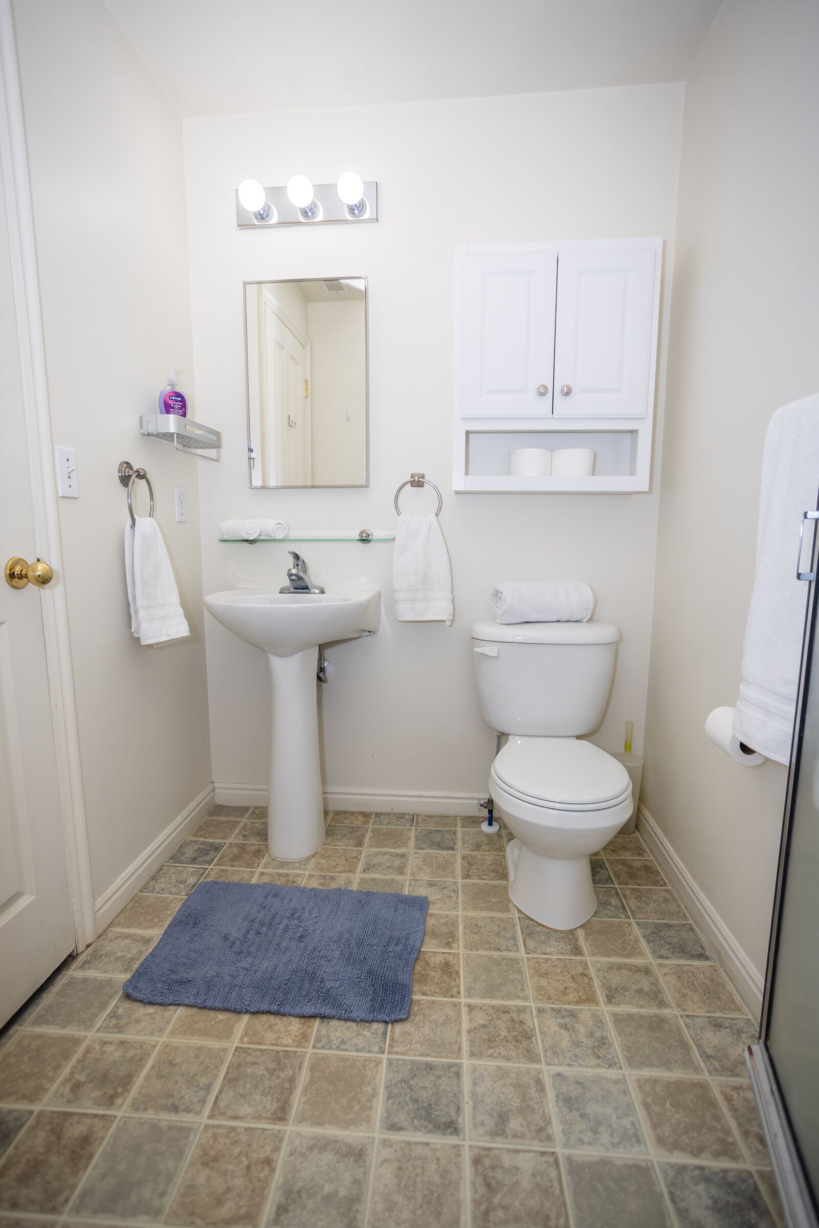 A bathroom with a sink, mirror, toilet, and a blue rug on the floor.