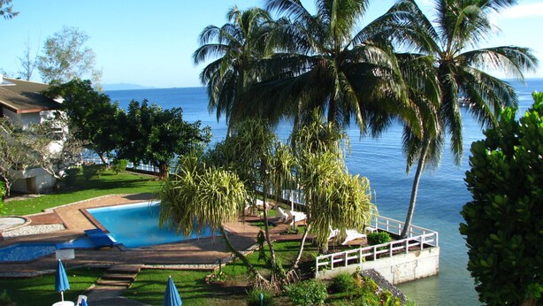 Un resort con piscina, palmeras y vista al océano.