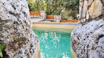 Seasonal outdoor pool, pool umbrellas, pool loungers