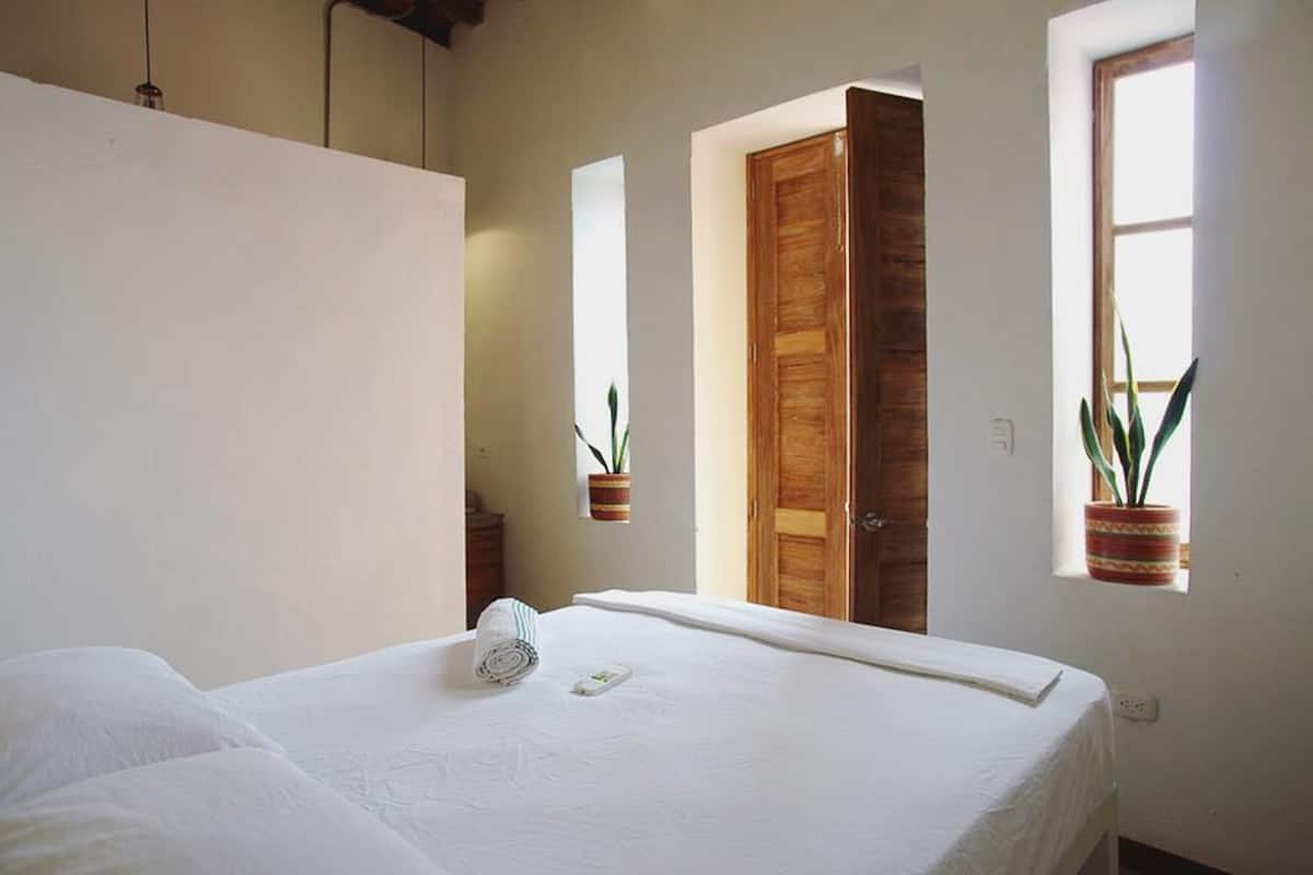 A hotel room with a large bed, a wooden door, and two windows with potted plants.