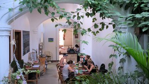 A dining area with a table and chairs, surrounded by plants and a white archway. - Tunido - Hostel (Santa Marta)