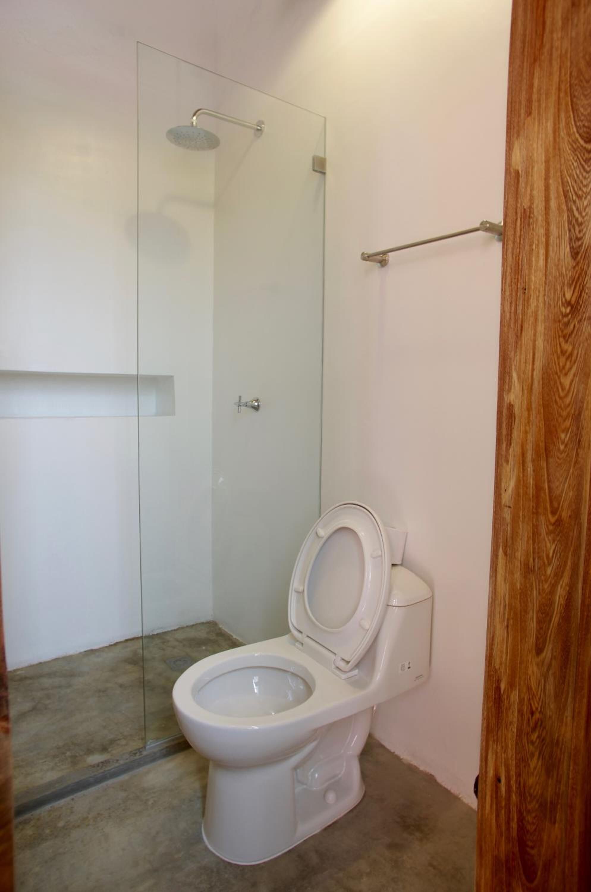 A bathroom with a glass shower enclosure, a white toilet, and a wooden door frame.