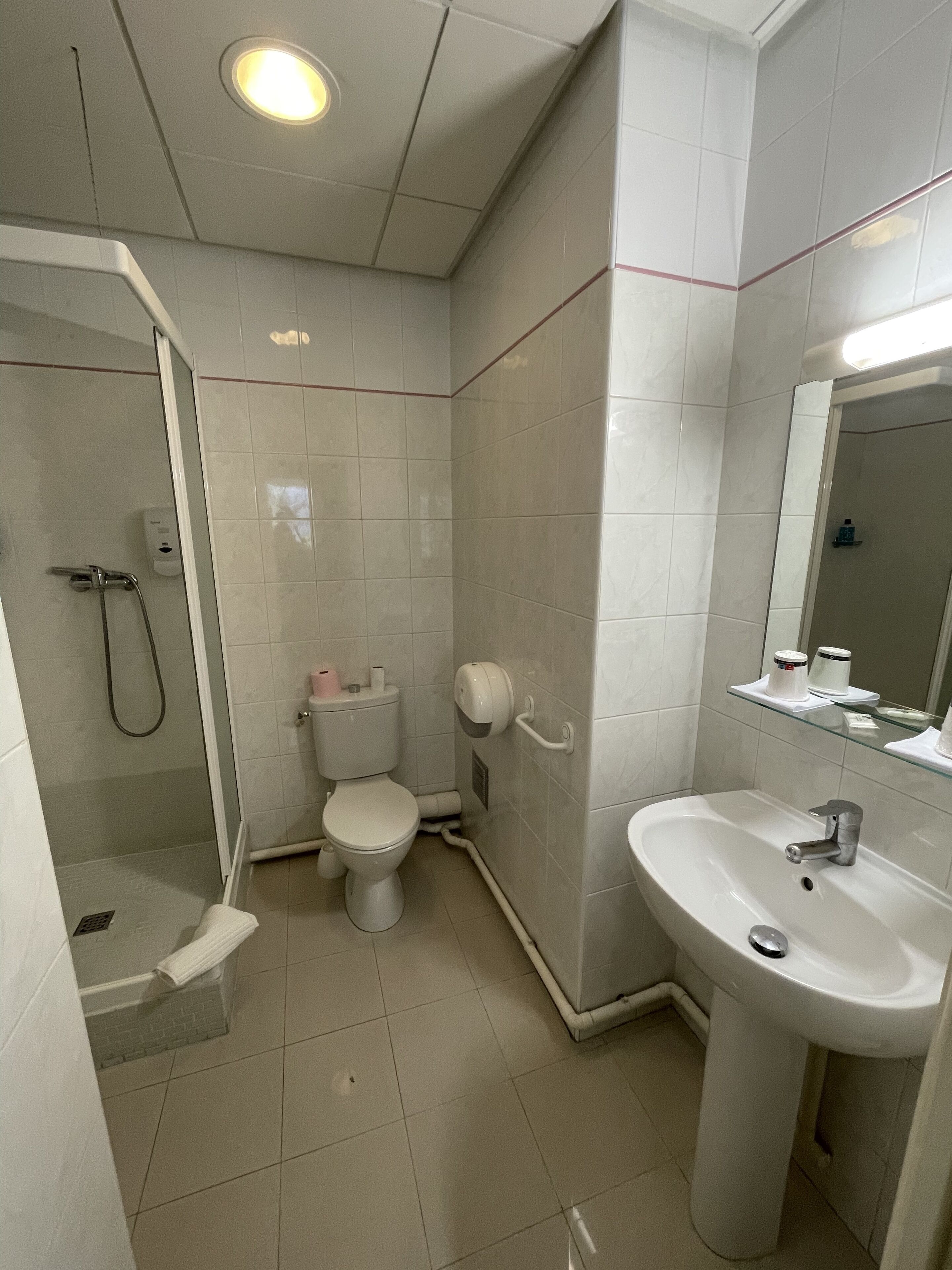 A bathroom with a toilet, sink, shower, and a mirror.