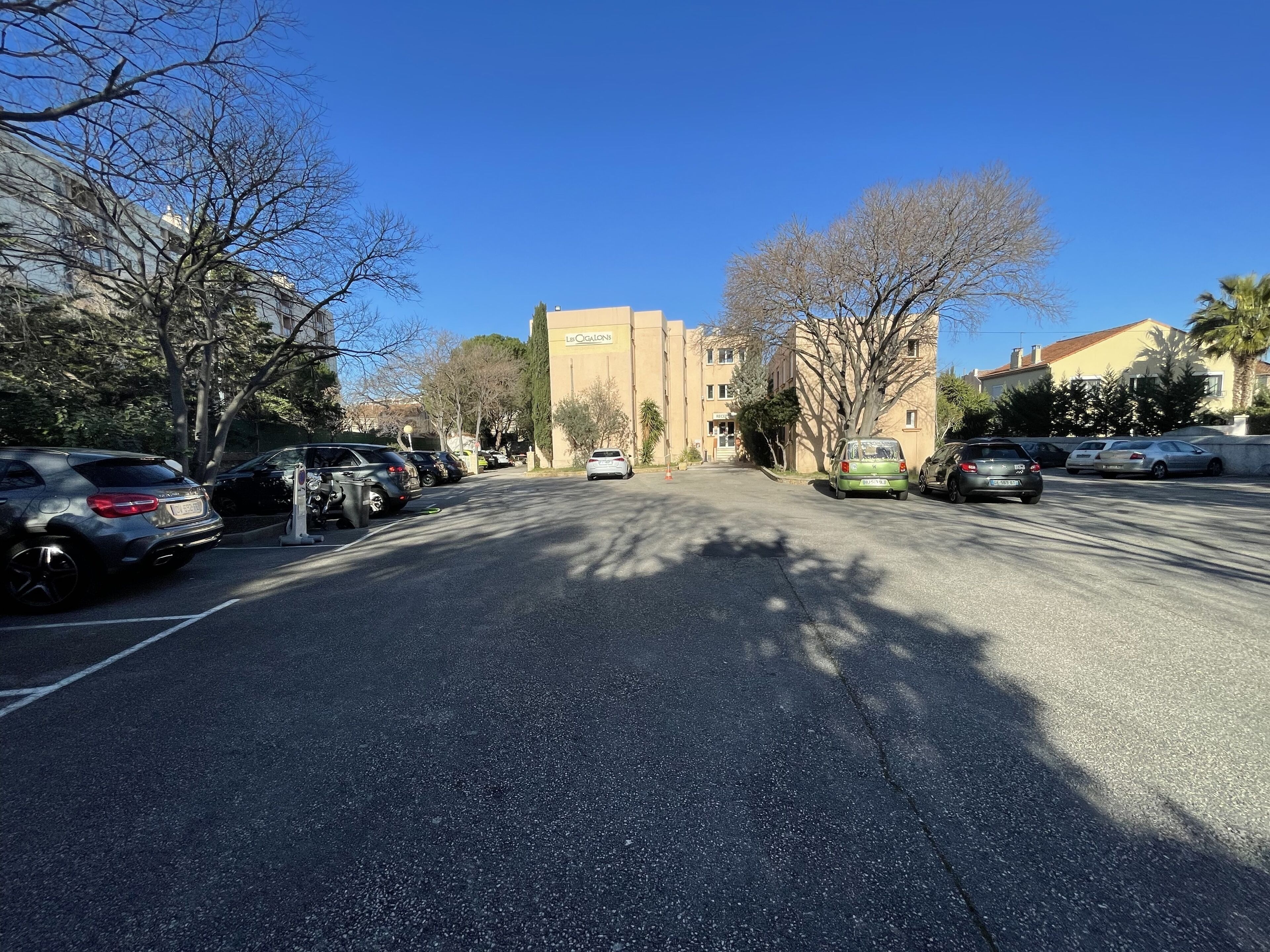 A parking lot with several cars, a building with a sign reading "Lib. Ogalas," and leafless trees.