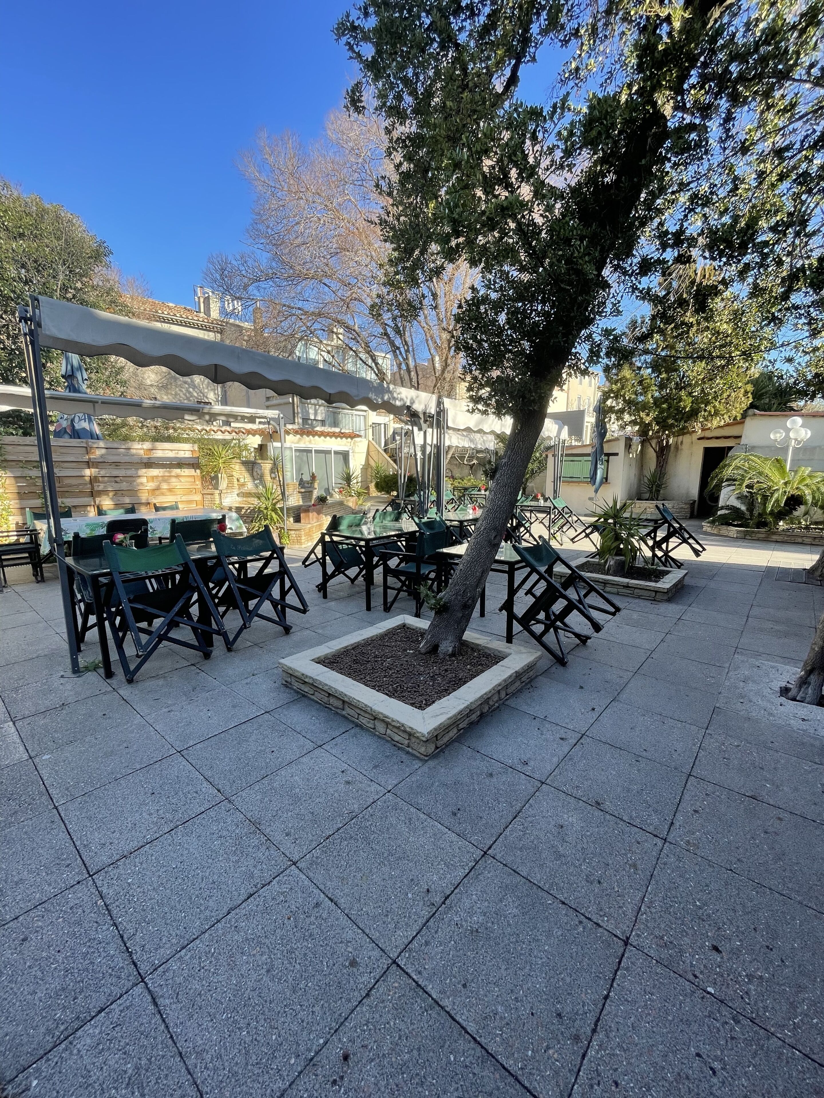 An outdoor seating area with tables and chairs, surrounded by trees and a pergola.