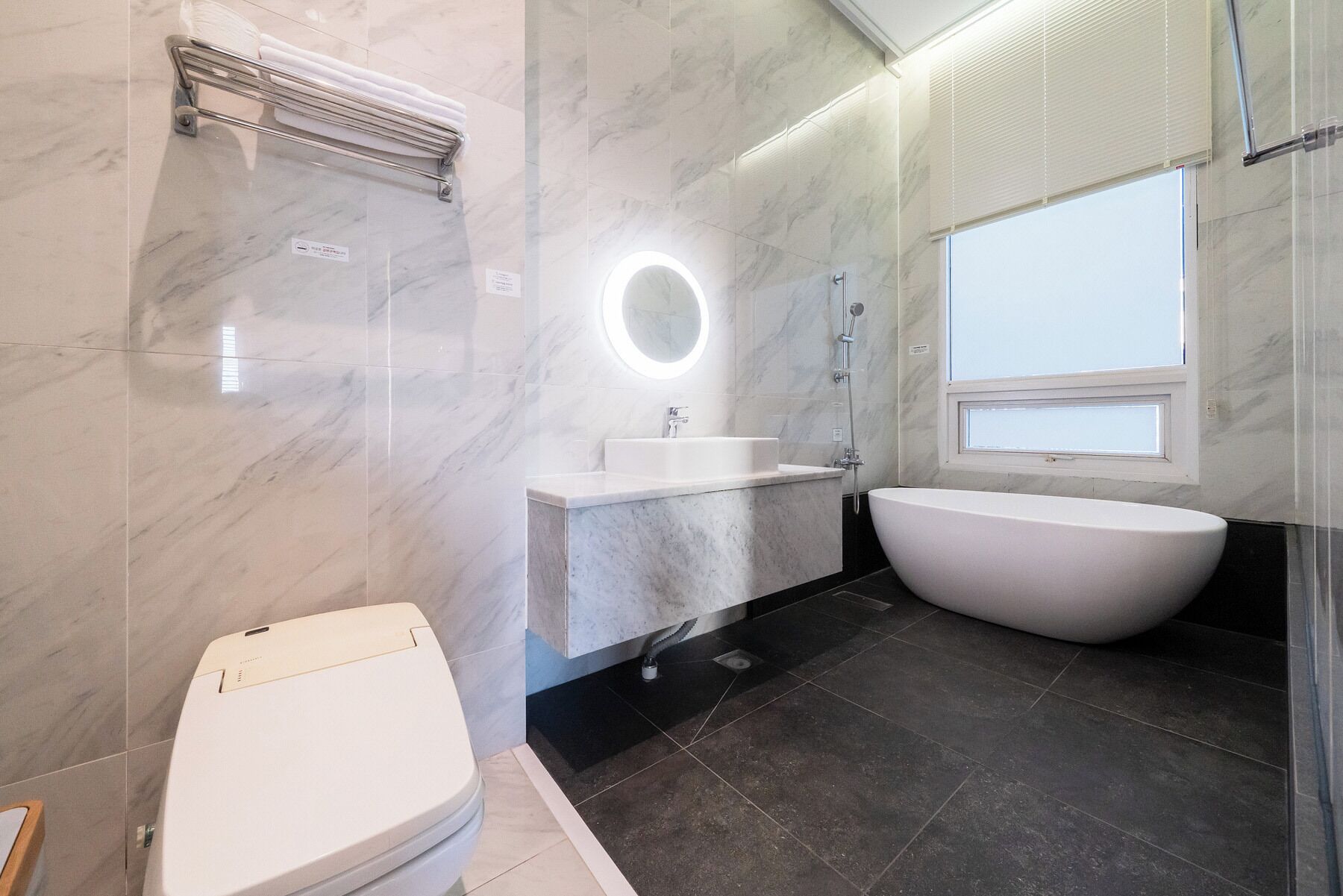 A modern bathroom with a toilet, a sink, and a freestanding bathtub.