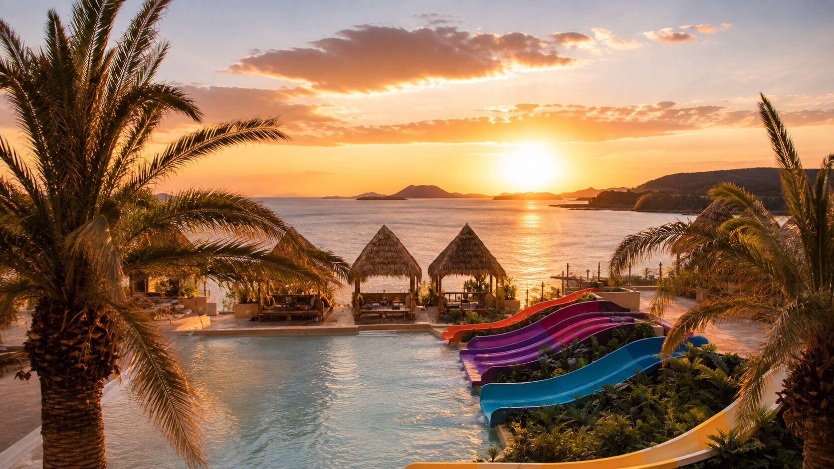 A resort pool with slides, palm trees, and a sunset view.
