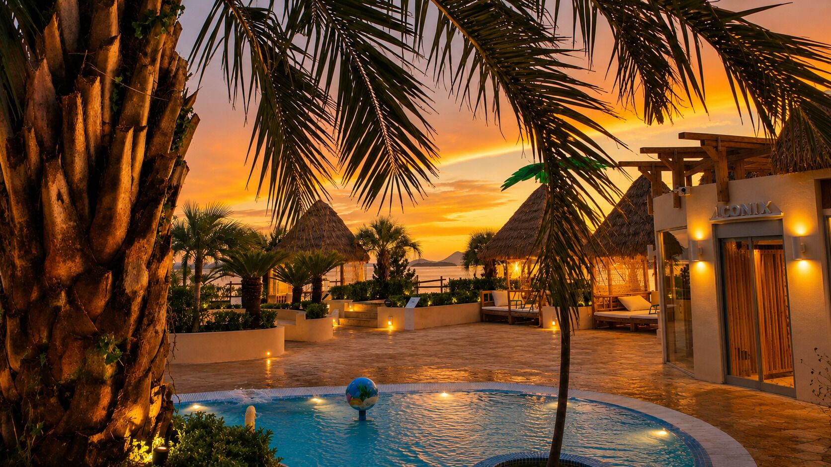 A resort pool area with palm trees, thatched-roof structures, and a sunset.