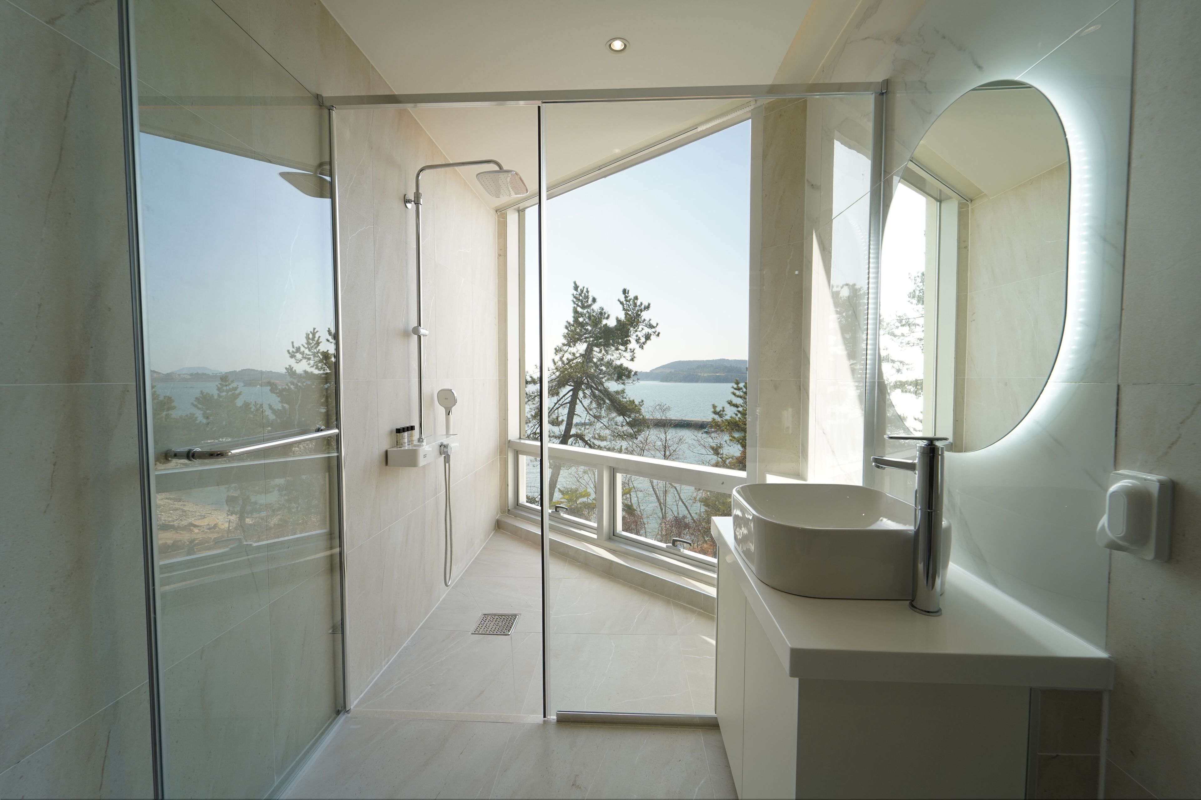Une salle de bain moderne dotée d’une douche à parois de verre, d’un grand lavabo et offrant une vue sur l’extérieur.