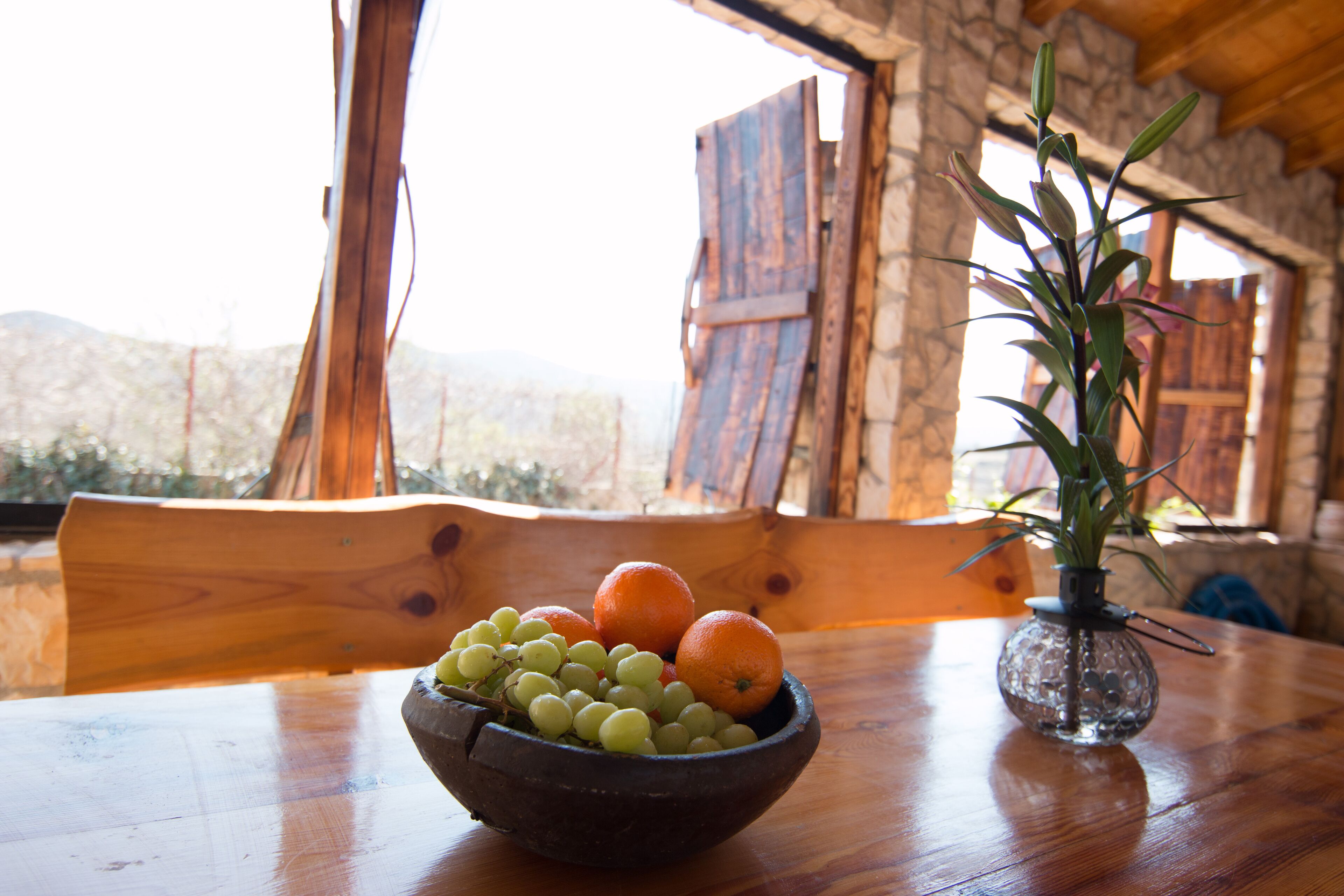 A wooden dining table with a bowl of fruit and a vase of green plants.
