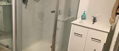 Shower, hair dryer, towels, soap