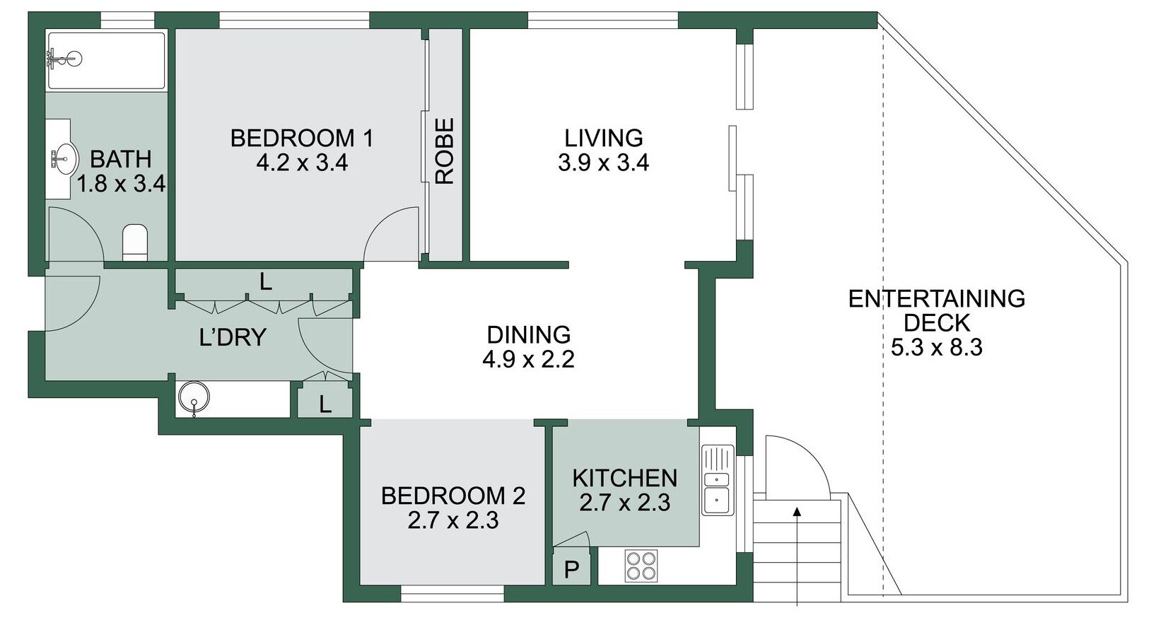 Un plan d’étage comprenant deux chambres, un salon, un coin repas, une cuisine, une salle de bain et une terrasse aménagée pour les loisirs.