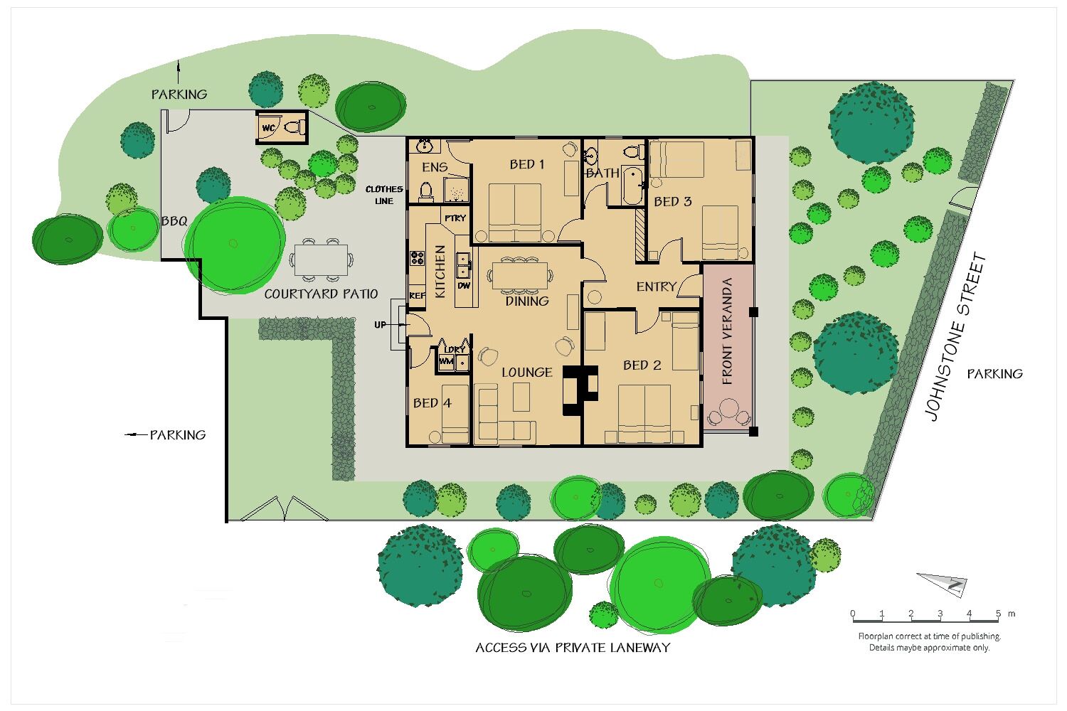 A floor plan of a hotel with four bedrooms, a dining area, a lounge, and a courtyard patio.