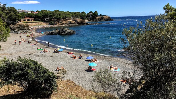 Una playa con gente tomando el sol y nadando, rodeada de terreno rocoso y árboles.