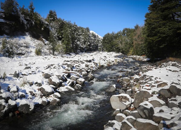 Un río cubierto de nieve con rocas y árboles al fondo.
