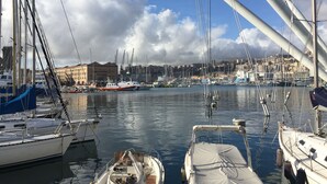 A marina with boats docked, a bridge in the background, and buildings across the water.