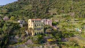 Una propiedad en una colina con jardines escalonados, un edificio amarillo y uno rosa.