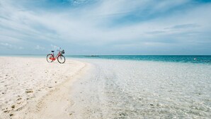 Una bicicleta en una playa arenosa, con agua cristalina y un cielo sereno.