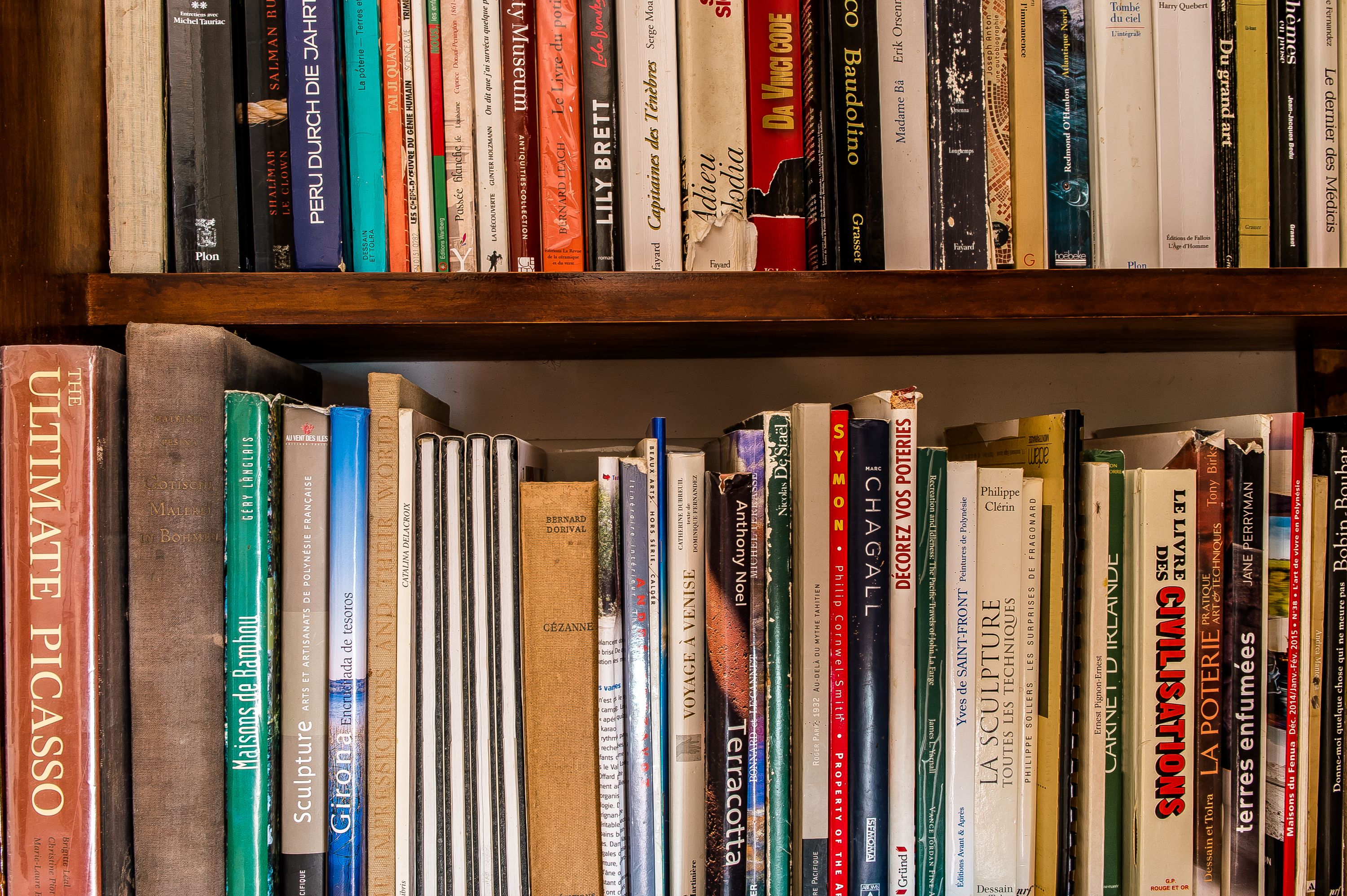 Una estantería llena de libros de diferentes tamaños y colores.