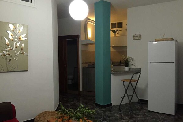A compact kitchen with a refrigerator, a sink, and a chair. There is a potted plant on the counter and a wall-mounted light fixture.