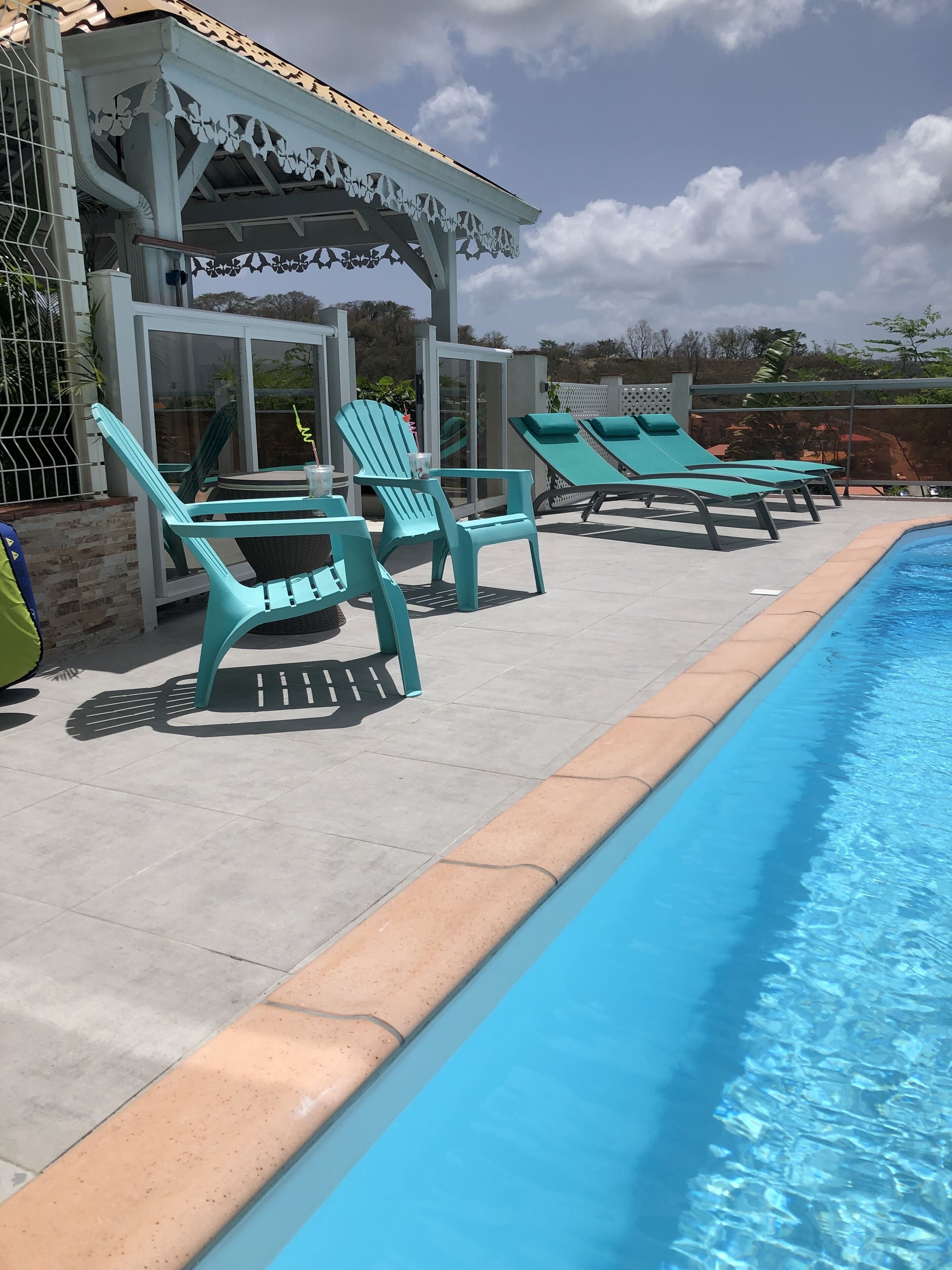 Un espace aménagé au bord de la piscine, avec des chaises longues et un coin salon abrité.