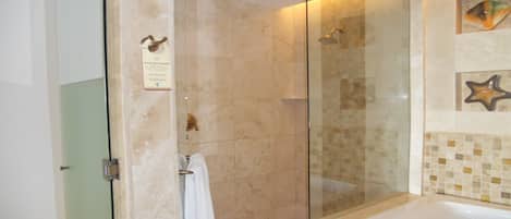 Shower, jetted tub, hair dryer, towels