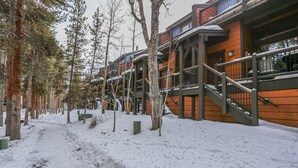 Un sendero cubierto de nieve que lleva a un edificio con fachada de madera y varios balcones.