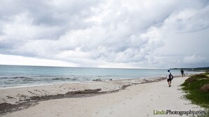 Ein Strand mit einem sandigen Pfad, der zum Wasser führt, unter einem bewölkten Himmel.