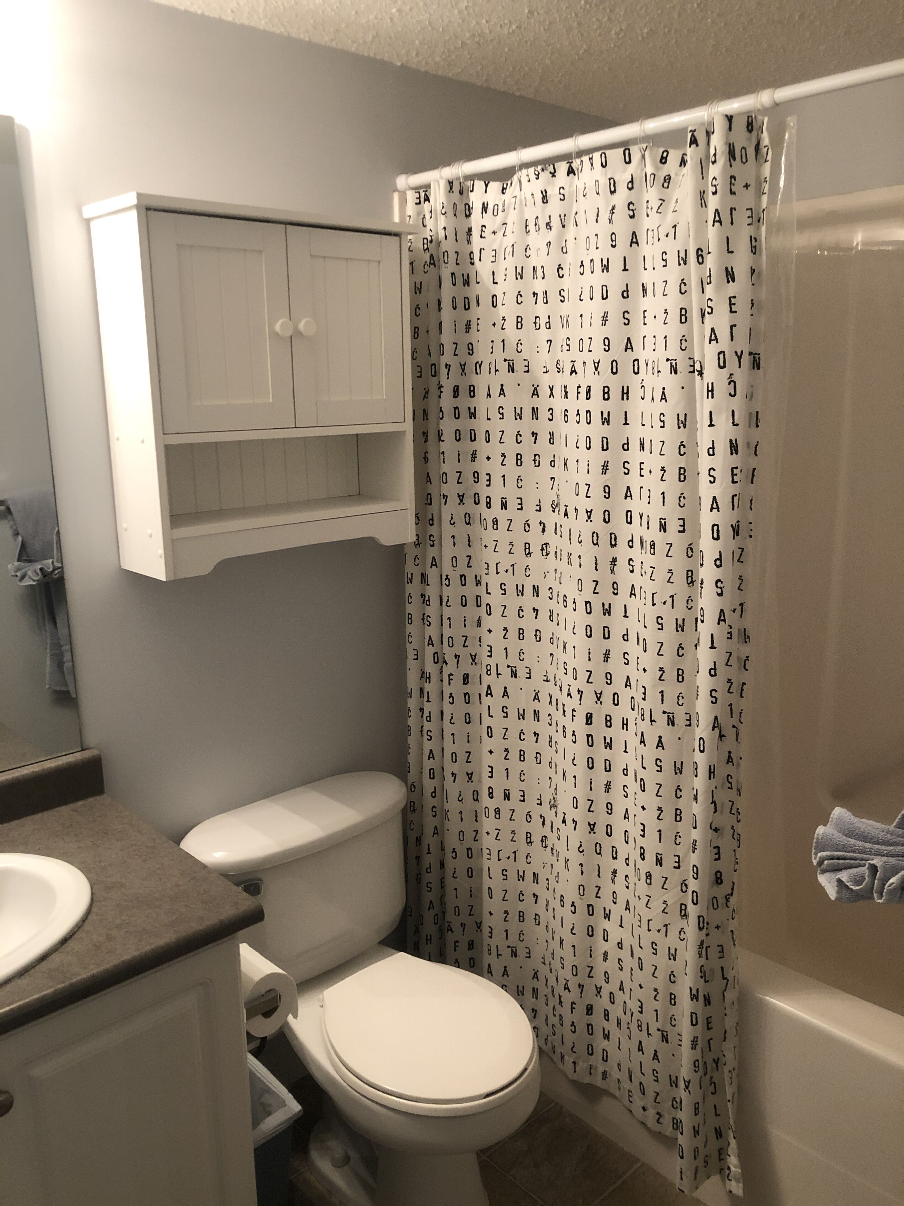 A bathroom with a toilet, a sink, a cabinet above the toilet, and a shower curtain with letters.