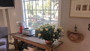 Smart TV, fireplace, books, stereo