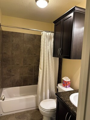 Hair dryer, towels, soap, shampoo